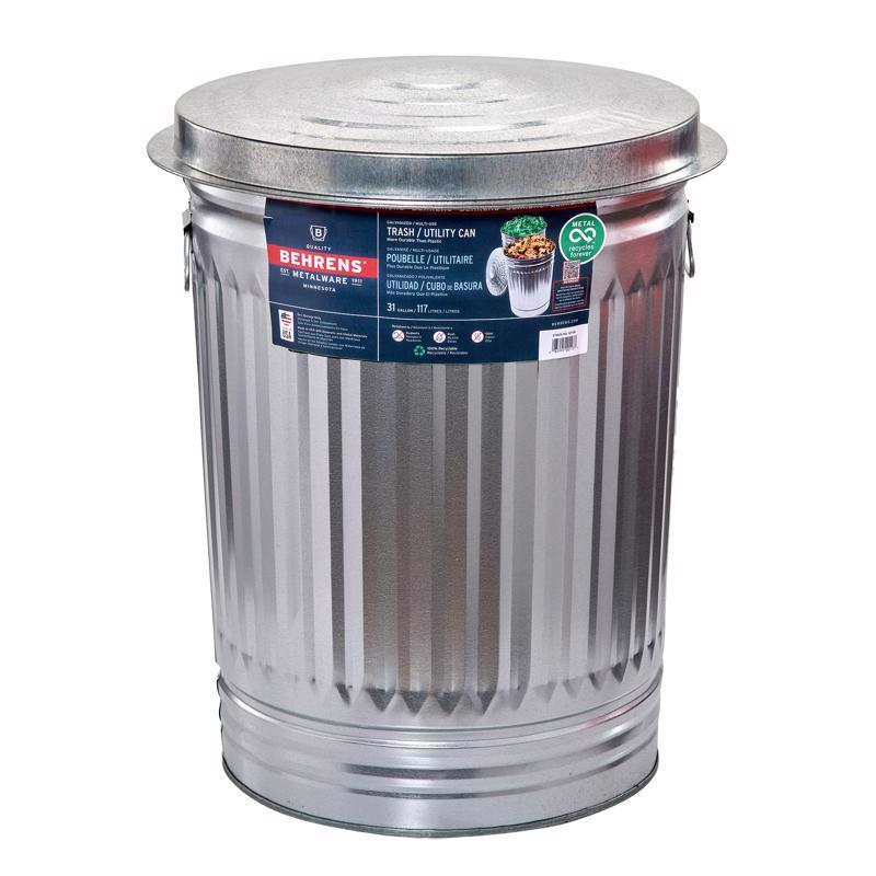 Behrens 31 gal Silver Galvanized Steel Garbage Can Lid Included Animal Proof/Animal Resistant - Case of 6
