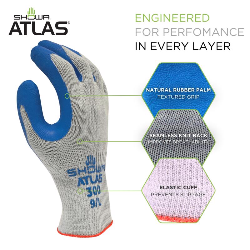 SHOWA ATLAS 300 Unisex Indoor/Outdoor Coated Work Gloves Blue/Gray XL 1 pair