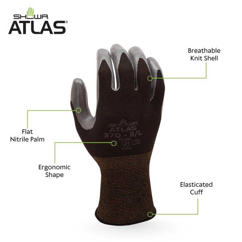 SHOWA ATLAS 370B Unisex Indoor/Outdoor Dipped Work Gloves Black/Gray M 1 pair