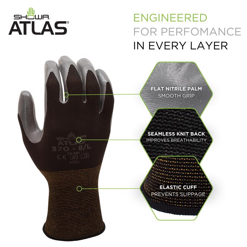 SHOWA ATLAS 370B Unisex Indoor/Outdoor Dipped Work Gloves Black/Gray XL 1 pair