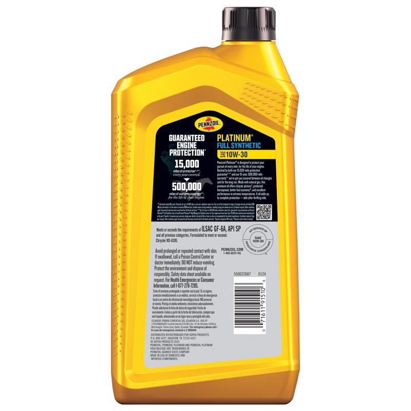 Pennzoil Platinum 10W-30 4-Cycle Synthetic Motor Oil 1 qt 1 pk - Case of 6