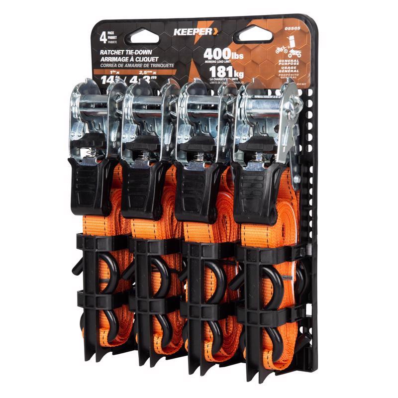 Keeper 1 in. W X 14 ft. L Orange Tie Down w/Ratchet 400 lb 4 pk - Case of 6