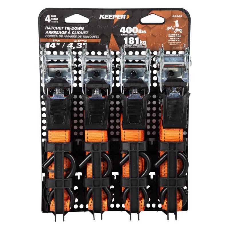 Keeper 1 in. W X 14 ft. L Orange Tie Down w/Ratchet 400 lb 4 pk - Case of 6