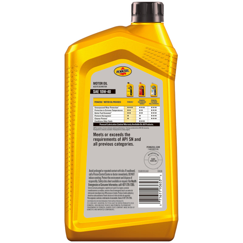 Pennzoil 10W-40 4-Cycle Conventional Motor Oil 1 qt 1 pk - Case of 6