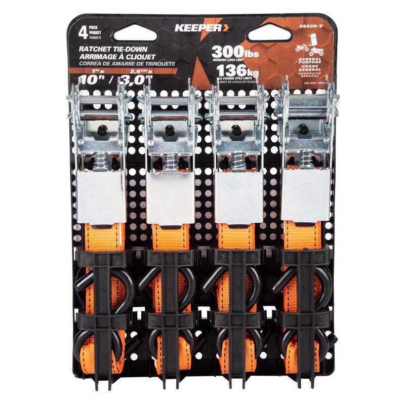 Keeper 1 in. W X 10 ft. L Orange Tie Down w/Ratchet 300 lb 4 pk