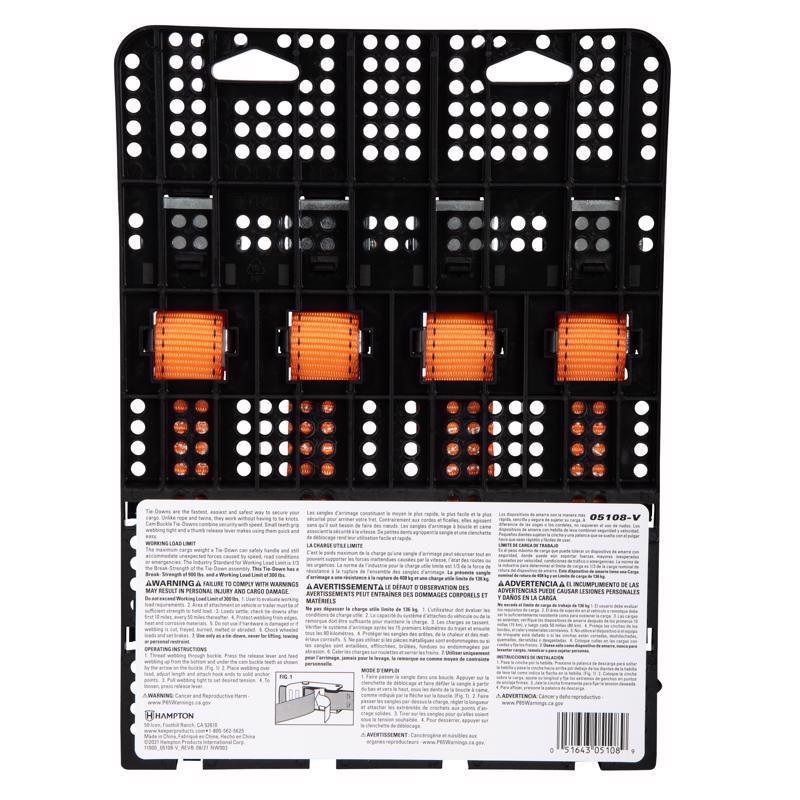 Keeper 1 in. W X 6 ft. L Orange Tie Down Strap 300 lb 4 pk